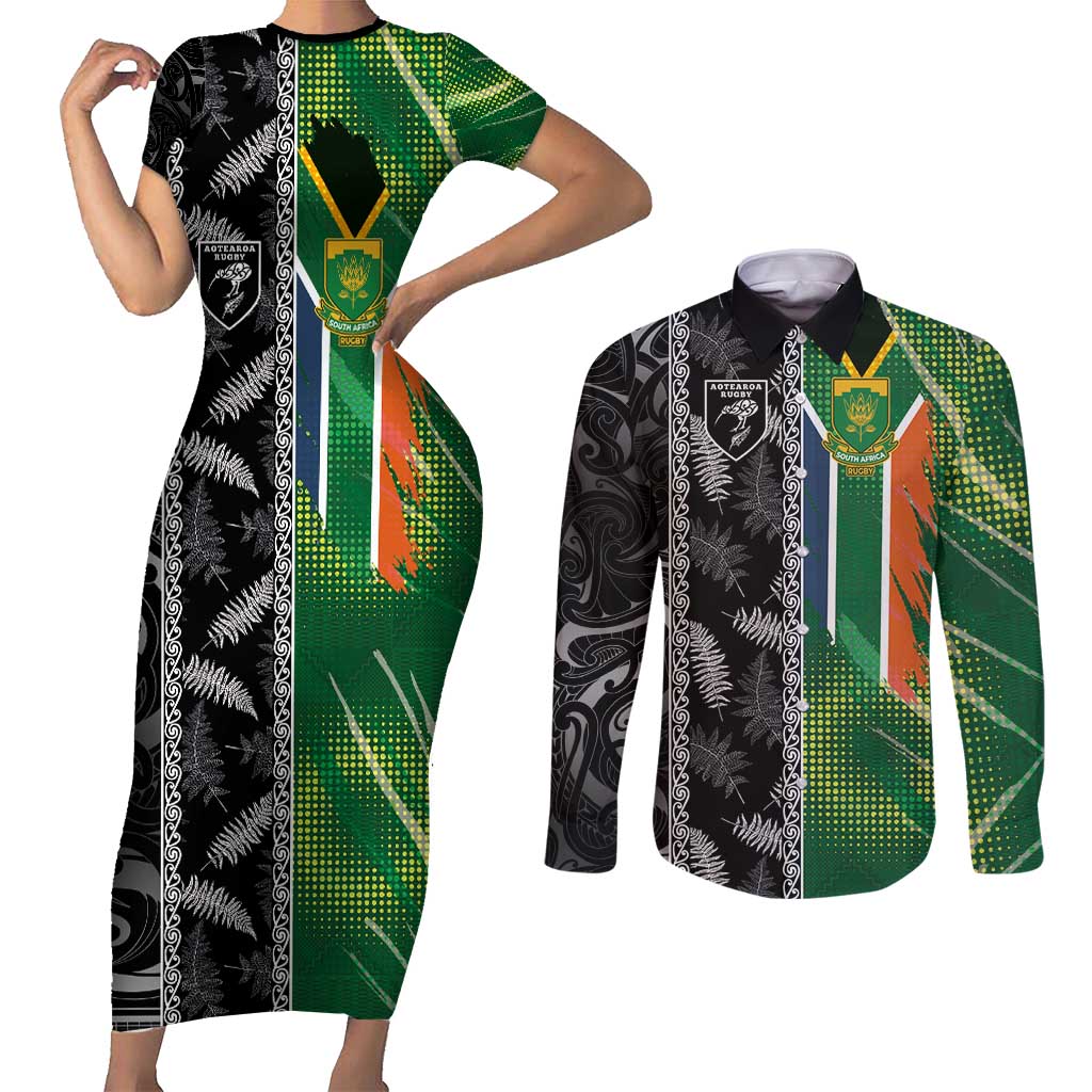 Custom Aotearoa South Africa Rugby Freedom Cup Couples Matching Short Sleeve Bodycon Dress and Long Sleeve Button Shirt Maori Silver Fern Art and Sporty Flag SA - Polynesian Pride
