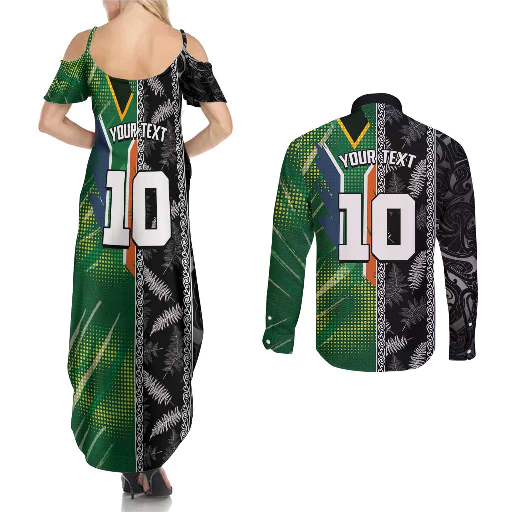 Custom Aotearoa South Africa Rugby Freedom Cup Couples Matching Summer Maxi Dress and Long Sleeve Button Shirt Maori Silver Fern Art and Sporty Flag SA - Polynesian Pride