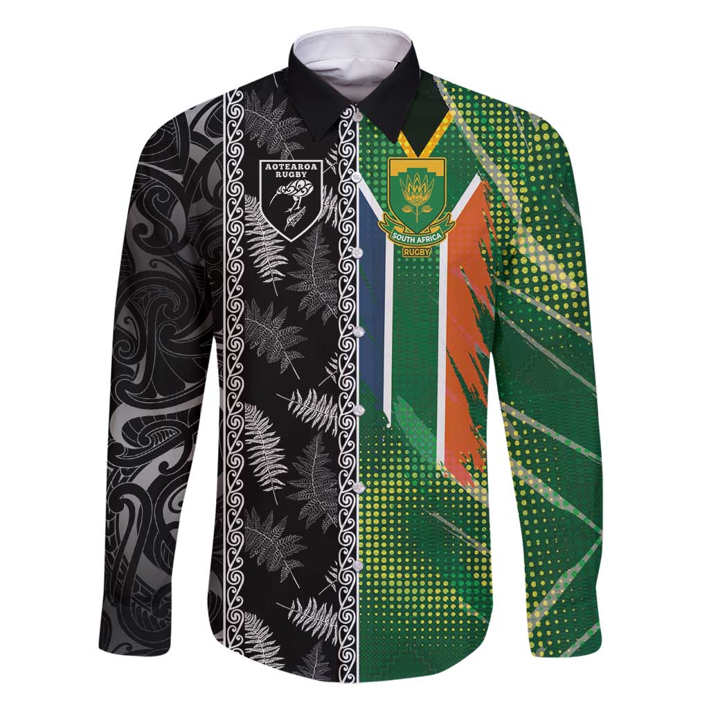 Custom Aotearoa South Africa Rugby Freedom Cup Family Matching Long Sleeve Bodycon Dress and Hawaiian Shirt Maori Silver Fern Art and Sporty Flag SA - Polynesian Pride
