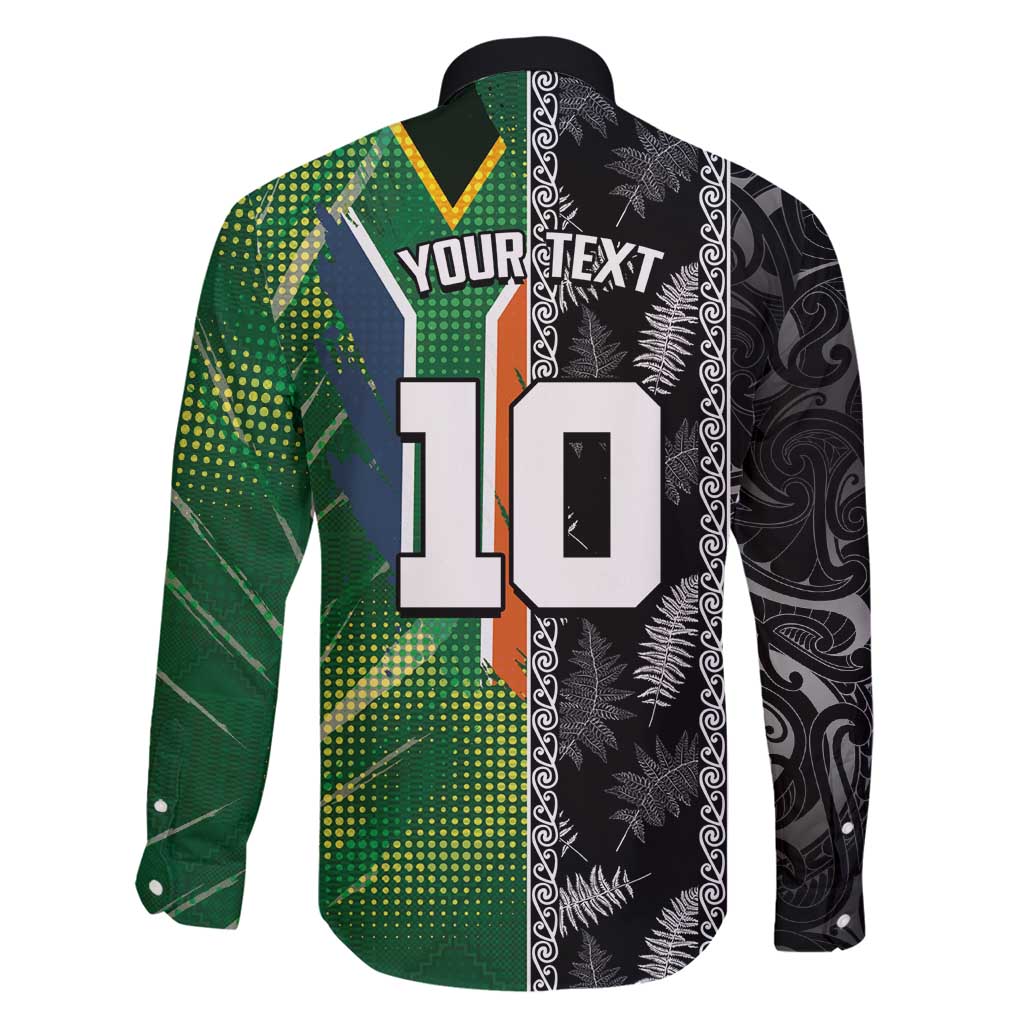 Custom Aotearoa South Africa Rugby Freedom Cup Family Matching Long Sleeve Bodycon Dress and Hawaiian Shirt Maori Silver Fern Art and Sporty Flag SA - Polynesian Pride