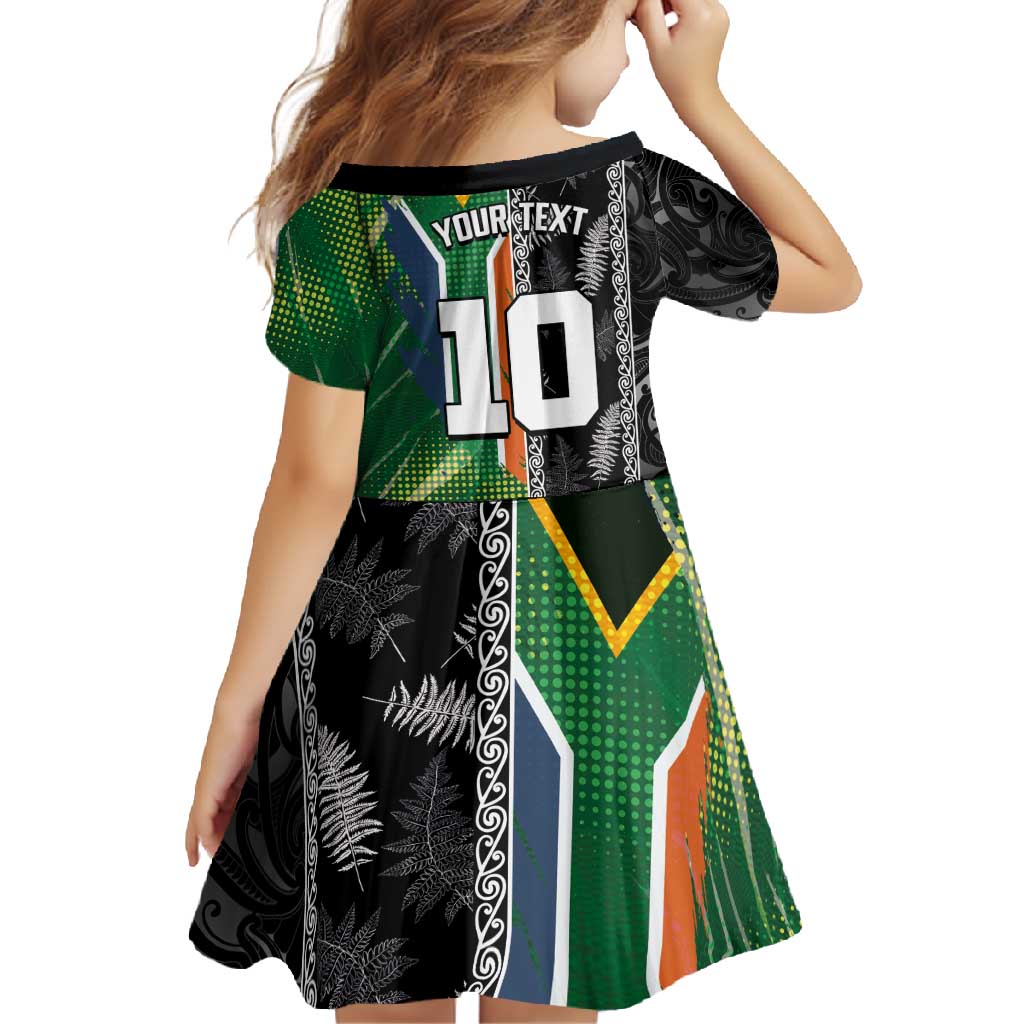 Custom Aotearoa South Africa Rugby Freedom Cup Family Matching Mermaid Dress and Hawaiian Shirt Maori Silver Fern Art and Sporty Flag SA - Polynesian Pride