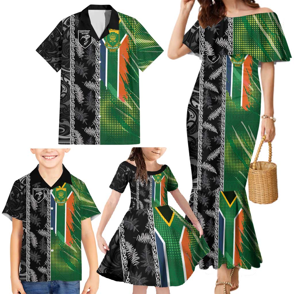 Custom Aotearoa South Africa Rugby Freedom Cup Family Matching Mermaid Dress and Hawaiian Shirt Maori Silver Fern Art and Sporty Flag SA - Polynesian Pride