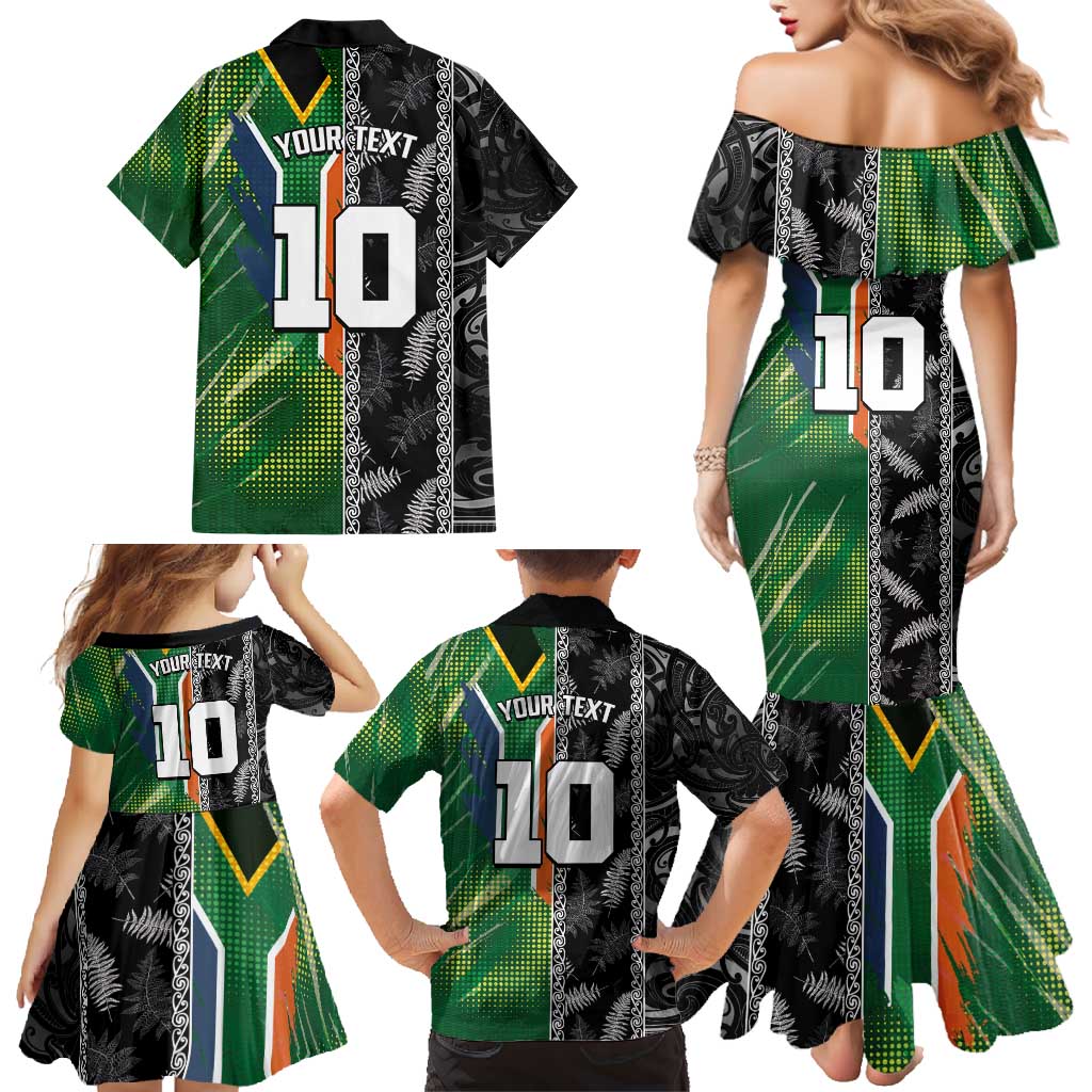 Custom Aotearoa South Africa Rugby Freedom Cup Family Matching Mermaid Dress and Hawaiian Shirt Maori Silver Fern Art and Sporty Flag SA - Polynesian Pride