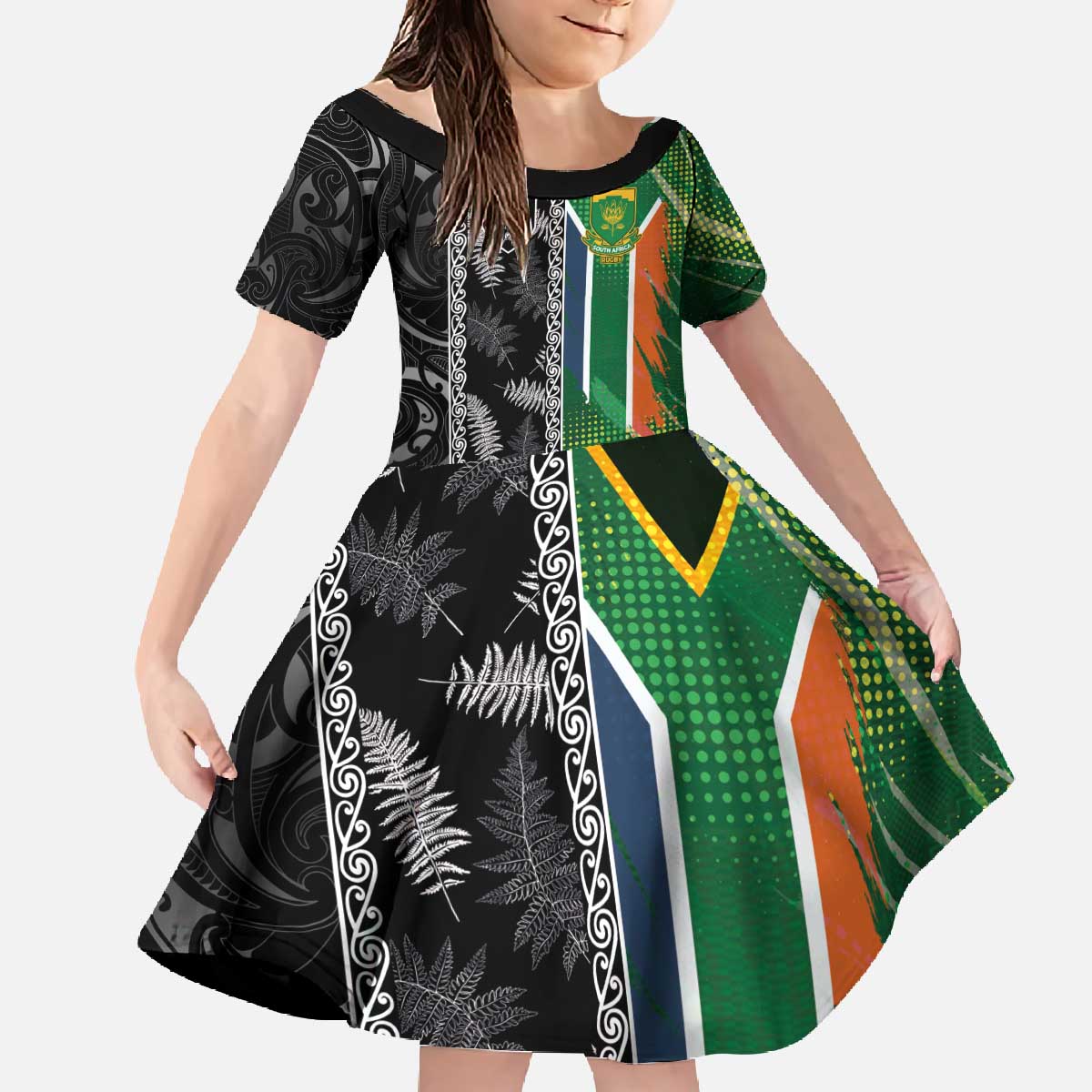 Custom Aotearoa South Africa Rugby Freedom Cup Family Matching Off The Shoulder Long Sleeve Dress and Hawaiian Shirt Maori Silver Fern Art and Sporty Flag SA - Polynesian Pride