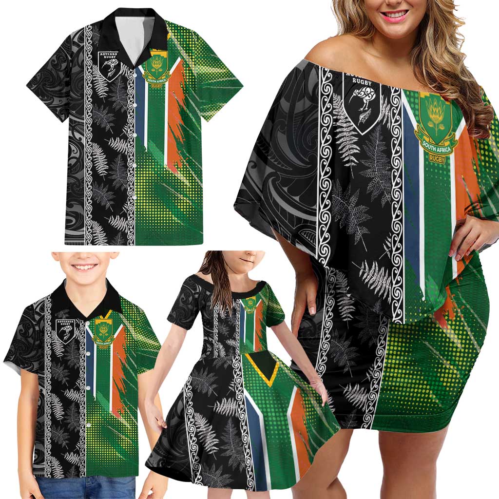 Custom Aotearoa South Africa Rugby Freedom Cup Family Matching Off Shoulder Short Dress and Hawaiian Shirt Maori Silver Fern Art and Sporty Flag SA - Polynesian Pride