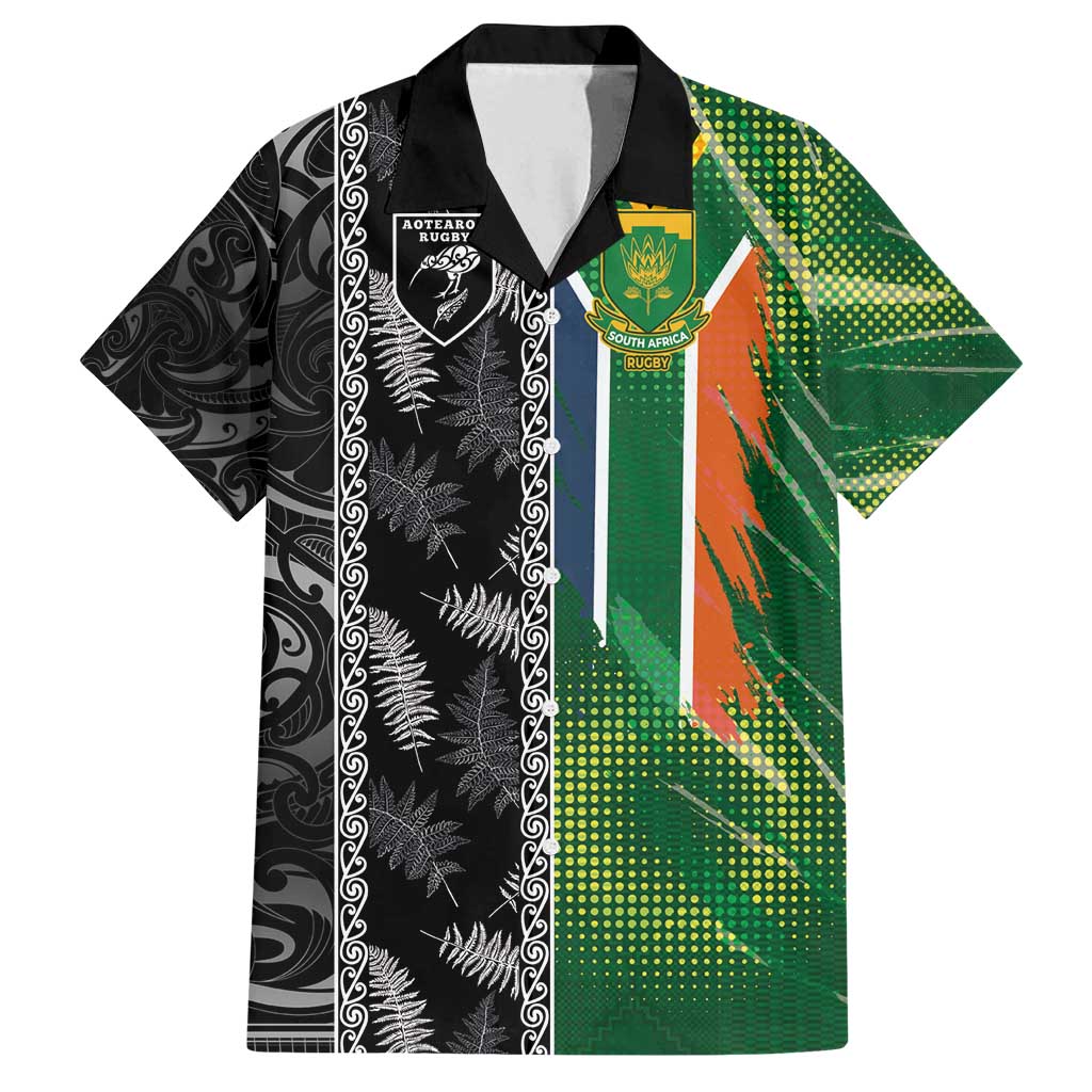 Custom Aotearoa South Africa Rugby Freedom Cup Family Matching Off Shoulder Short Dress and Hawaiian Shirt Maori Silver Fern Art and Sporty Flag SA - Polynesian Pride