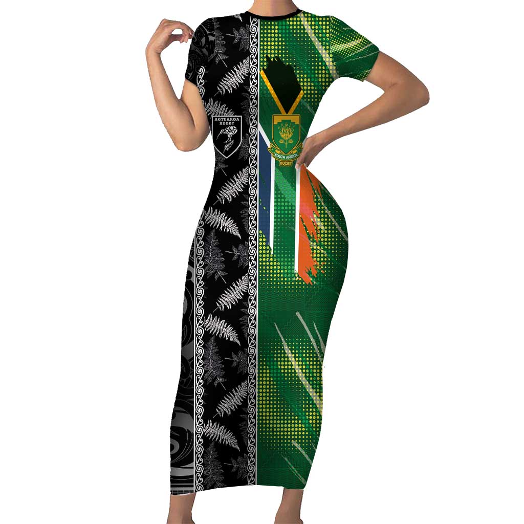 Custom Aotearoa South Africa Rugby Freedom Cup Family Matching Short Sleeve Bodycon Dress and Hawaiian Shirt Maori Silver Fern Art and Sporty Flag SA - Polynesian Pride