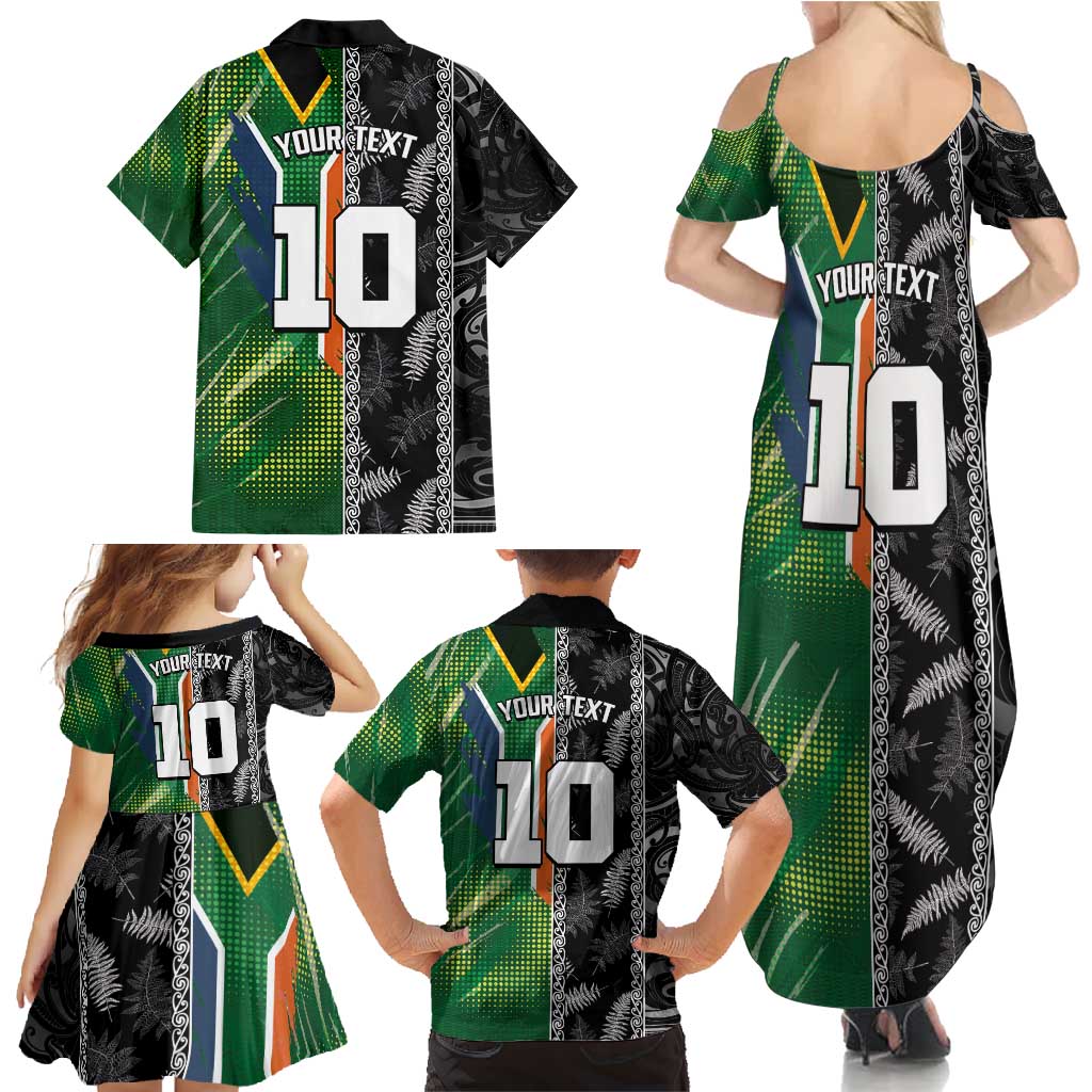 Custom Aotearoa South Africa Rugby Freedom Cup Family Matching Summer Maxi Dress and Hawaiian Shirt Maori Silver Fern Art and Sporty Flag SA - Polynesian Pride