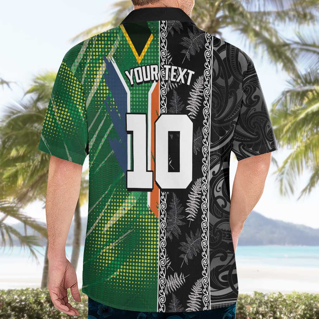 Custom Aotearoa South Africa Rugby Freedom Cup Hawaiian Shirt Maori Silver Fern Art and Sporty Flag SA - Polynesian Pride