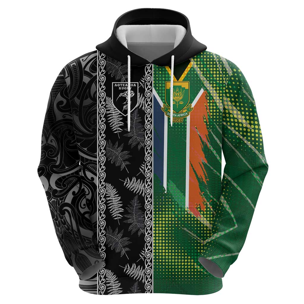 Custom Aotearoa South Africa Rugby Freedom Cup Hoodie Maori Silver Fern Art and Sporty Flag SA - Polynesian Pride
