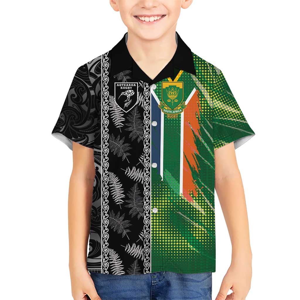 Custom Aotearoa South Africa Rugby Freedom Cup Kid Hawaiian Shirt Maori Silver Fern Art and Sporty Flag SA - Polynesian Pride