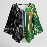 Custom Aotearoa South Africa Rugby Freedom Cup Kimono Sleeve Blouse Maori Silver Fern Art and Sporty Flag SA - Polynesian Pride