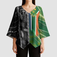 Custom Aotearoa South Africa Rugby Freedom Cup Kimono Sleeve Blouse Maori Silver Fern Art and Sporty Flag SA - Polynesian Pride
