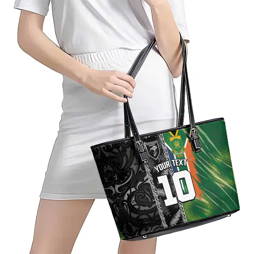 Custom Aotearoa South Africa Rugby Freedom Cup Leather Tote Bag Maori Silver Fern Art and Sporty Flag SA - Polynesian Pride