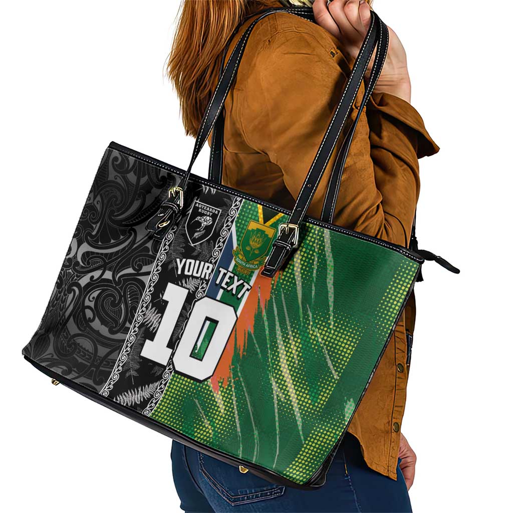 Custom Aotearoa South Africa Rugby Freedom Cup Leather Tote Bag Maori Silver Fern Art and Sporty Flag SA - Polynesian Pride