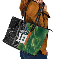 Custom Aotearoa South Africa Rugby Freedom Cup Leather Tote Bag Maori Silver Fern Art and Sporty Flag SA - Polynesian Pride
