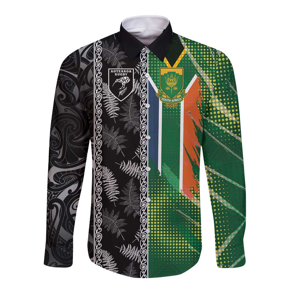Custom Aotearoa South Africa Rugby Freedom Cup Long Sleeve Button Shirt Maori Silver Fern Art and Sporty Flag SA - Polynesian Pride
