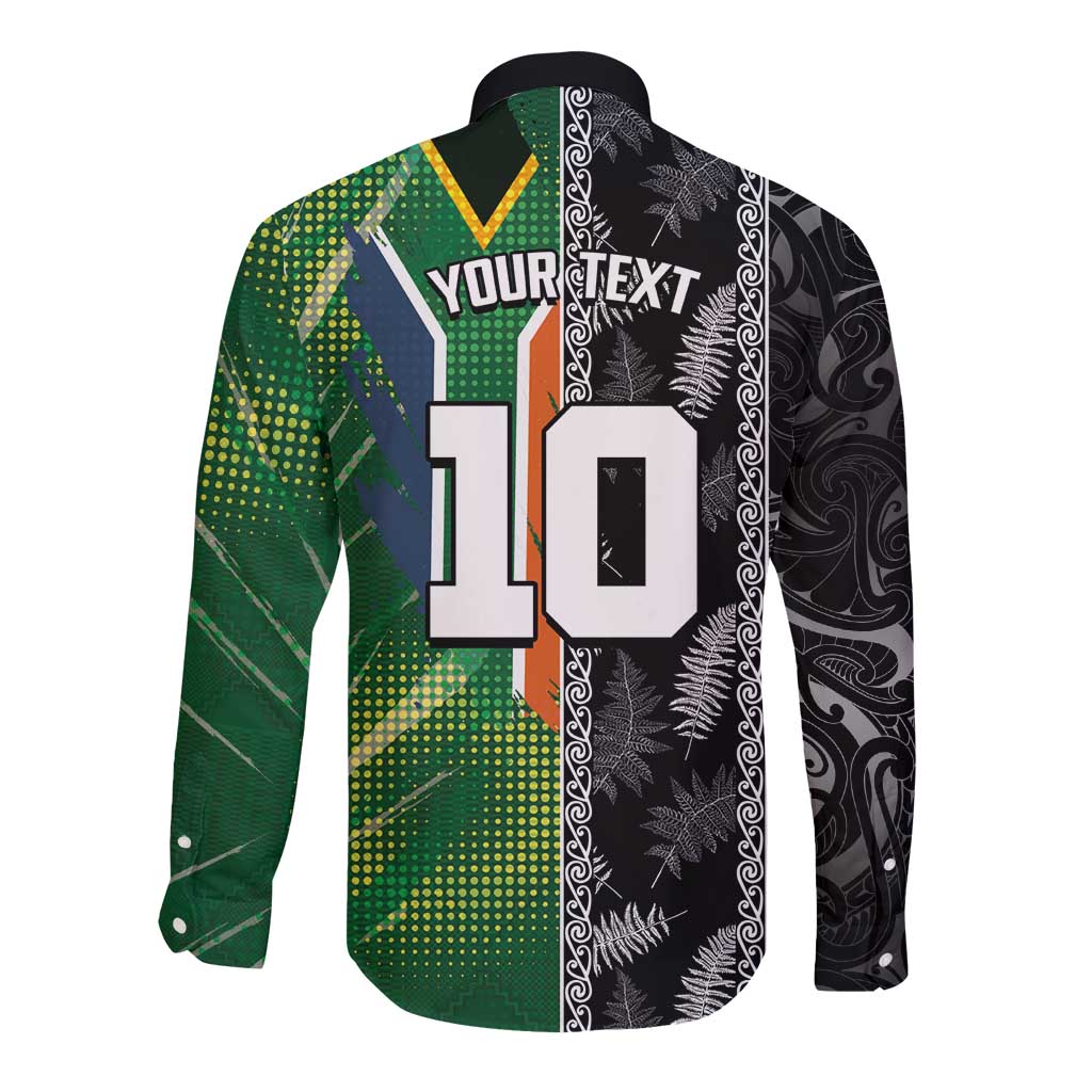 Custom Aotearoa South Africa Rugby Freedom Cup Long Sleeve Button Shirt Maori Silver Fern Art and Sporty Flag SA - Polynesian Pride