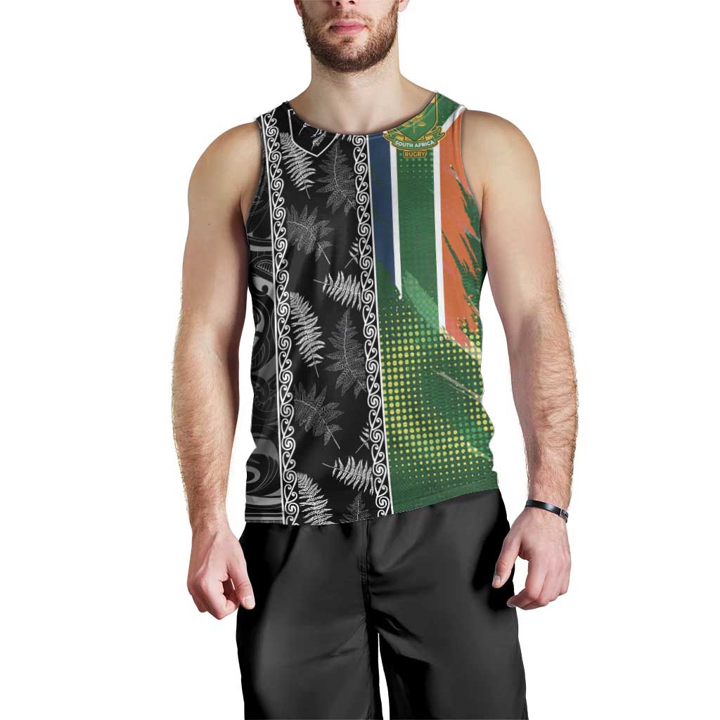 Custom Aotearoa South Africa Rugby Freedom Cup Men Tank Top Maori Silver Fern Art and Sporty Flag SA - Polynesian Pride