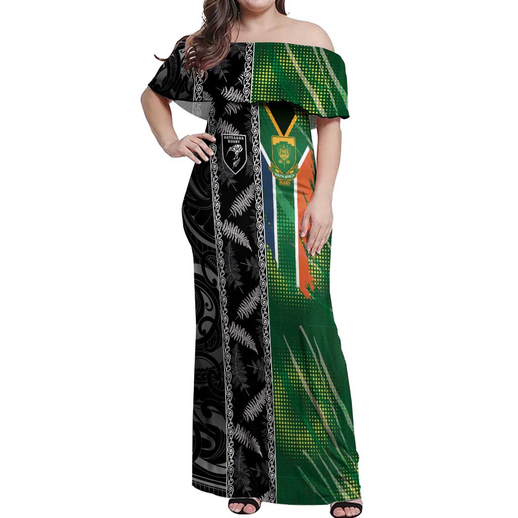 Custom Aotearoa South Africa Rugby Freedom Cup Off Shoulder Maxi Dress Maori Silver Fern Art and Sporty Flag SA - Polynesian Pride