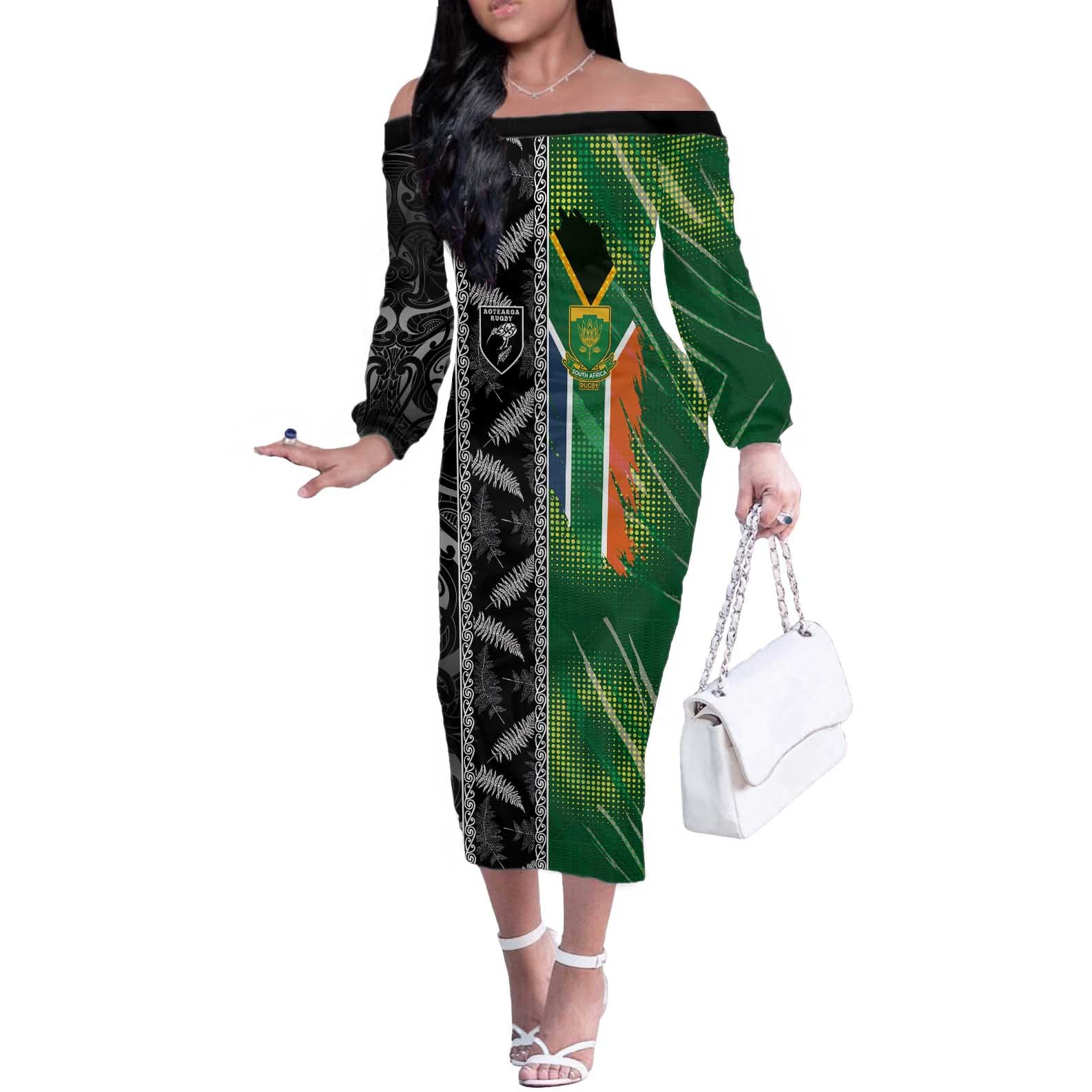 Custom Aotearoa South Africa Rugby Freedom Cup Off The Shoulder Long Sleeve Dress Maori Silver Fern Art and Sporty Flag SA - Polynesian Pride