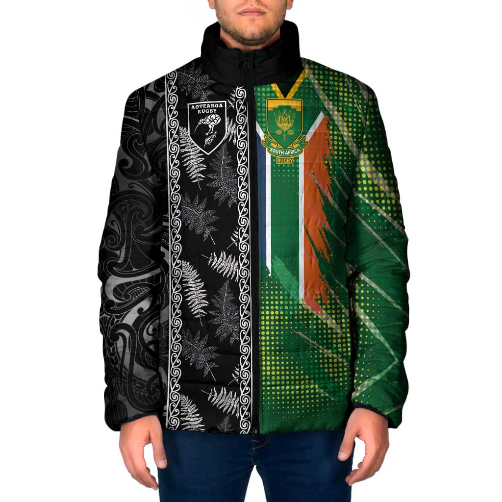 Custom Aotearoa South Africa Rugby Freedom Cup Padded Jacket Maori Silver Fern Art and Sporty Flag SA - Polynesian Pride