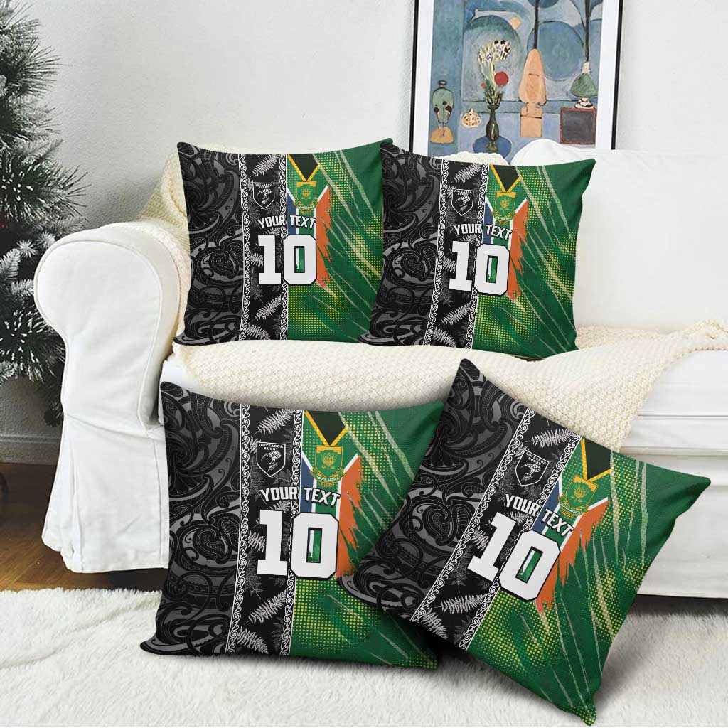 Custom Aotearoa South Africa Rugby Freedom Cup Pillow Cover Maori Silver Fern Art and Sporty Flag SA - Polynesian Pride