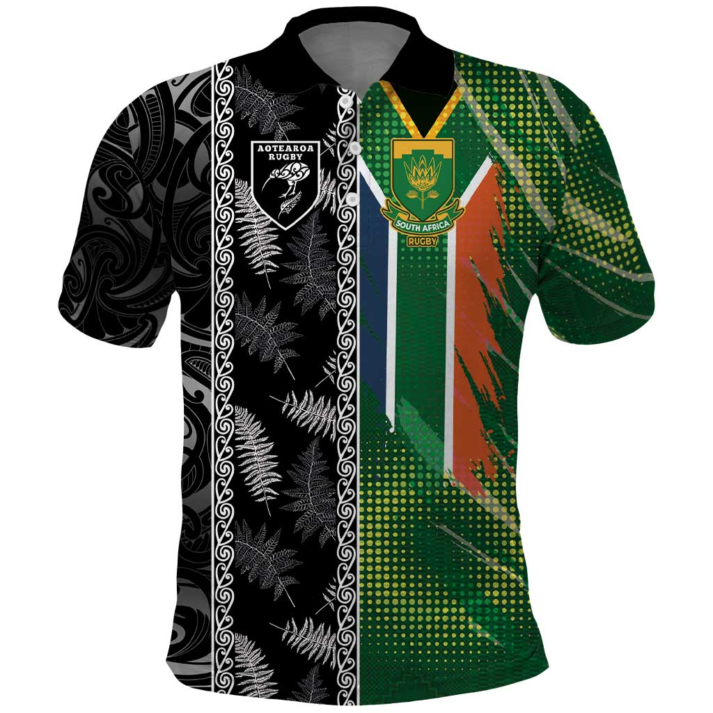Custom Aotearoa South Africa Rugby Freedom Cup Polo Shirt Maori Silver Fern Art and Sporty Flag SA - Polynesian Pride