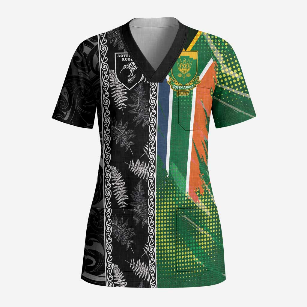 Custom Aotearoa South Africa Rugby Freedom Cup Scrub Top Maori Silver Fern Art and Sporty Flag SA - Polynesian Pride