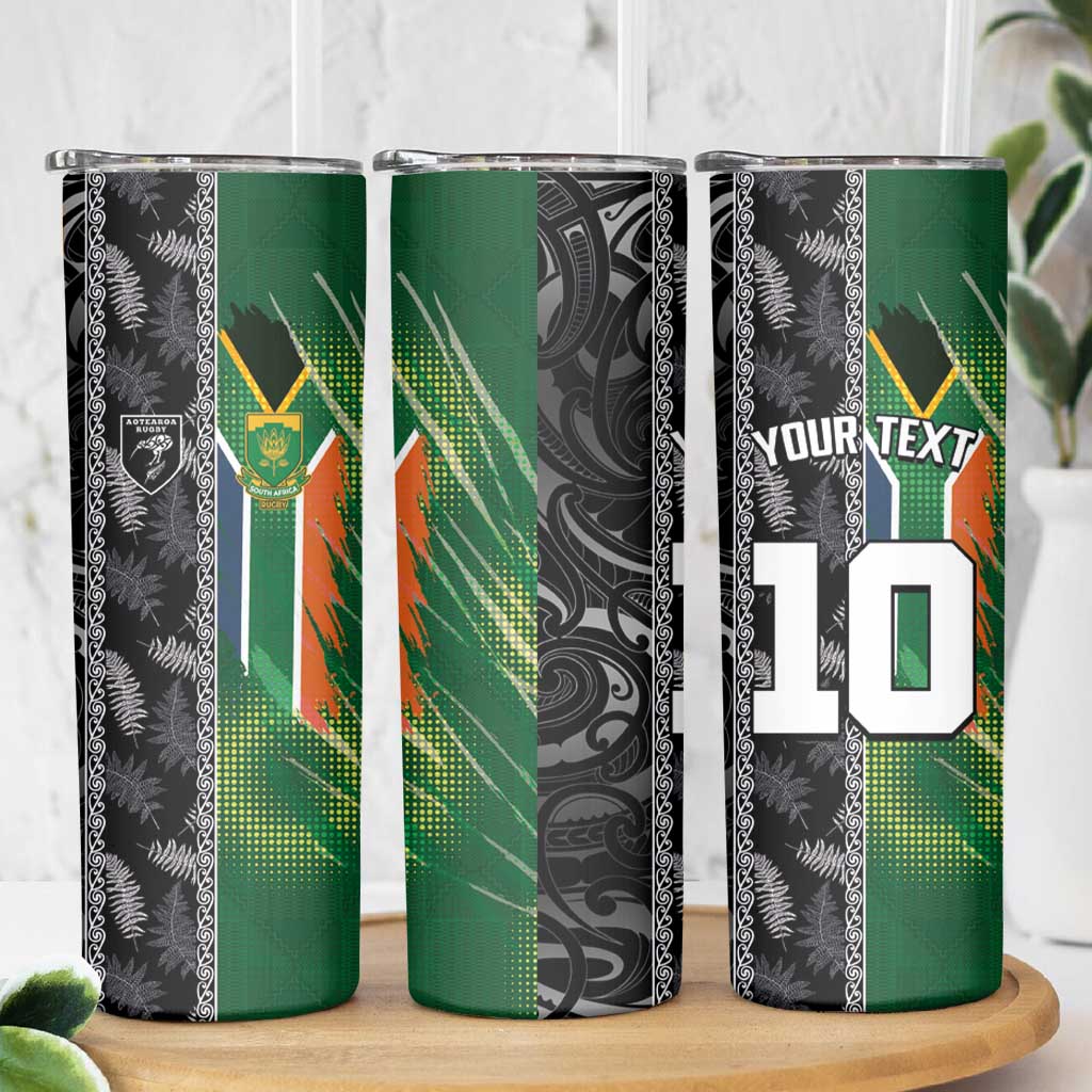 Custom Aotearoa South Africa Rugby Freedom Cup Skinny Tumbler Maori Silver Fern Art and Sporty Flag SA - Polynesian Pride