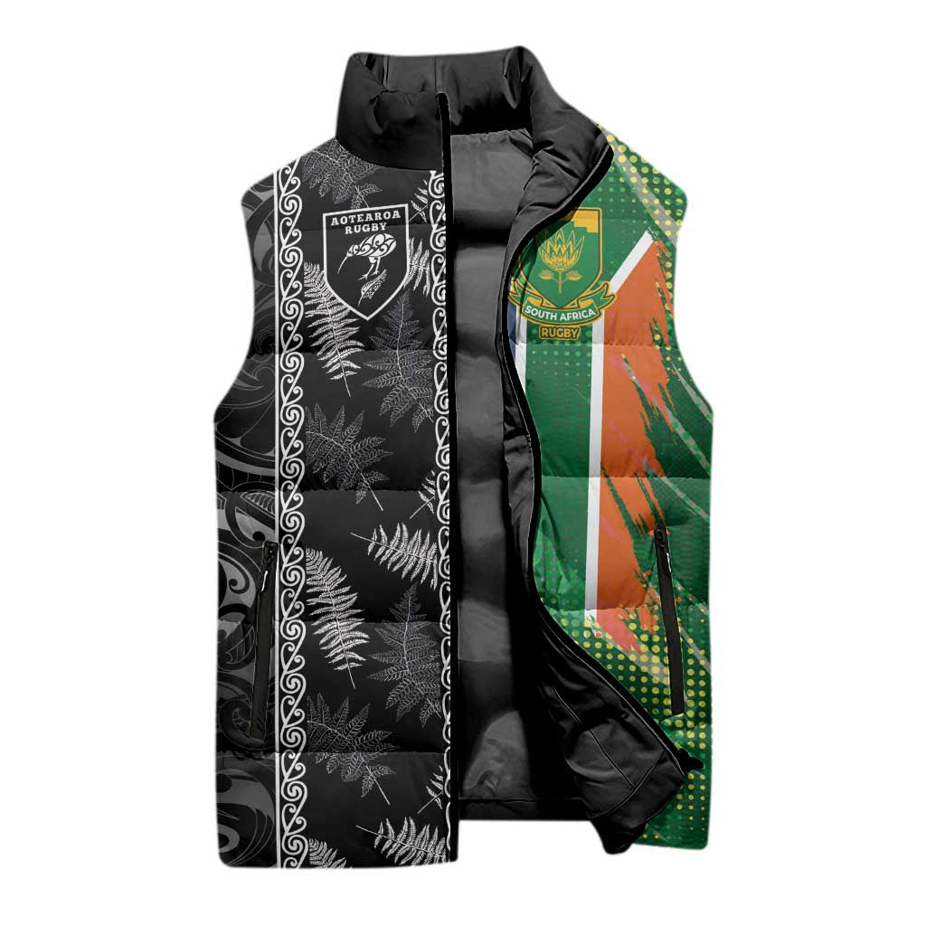 Custom Aotearoa South Africa Rugby Freedom Cup Sleeveless Puffer Jacket Maori Silver Fern Art and Sporty Flag SA - Polynesian Pride