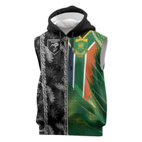 Custom Aotearoa South Africa Rugby Freedom Cup Sleeveless Zip Hoodie Maori Silver Fern Art and Sporty Flag SA - Polynesian Pride