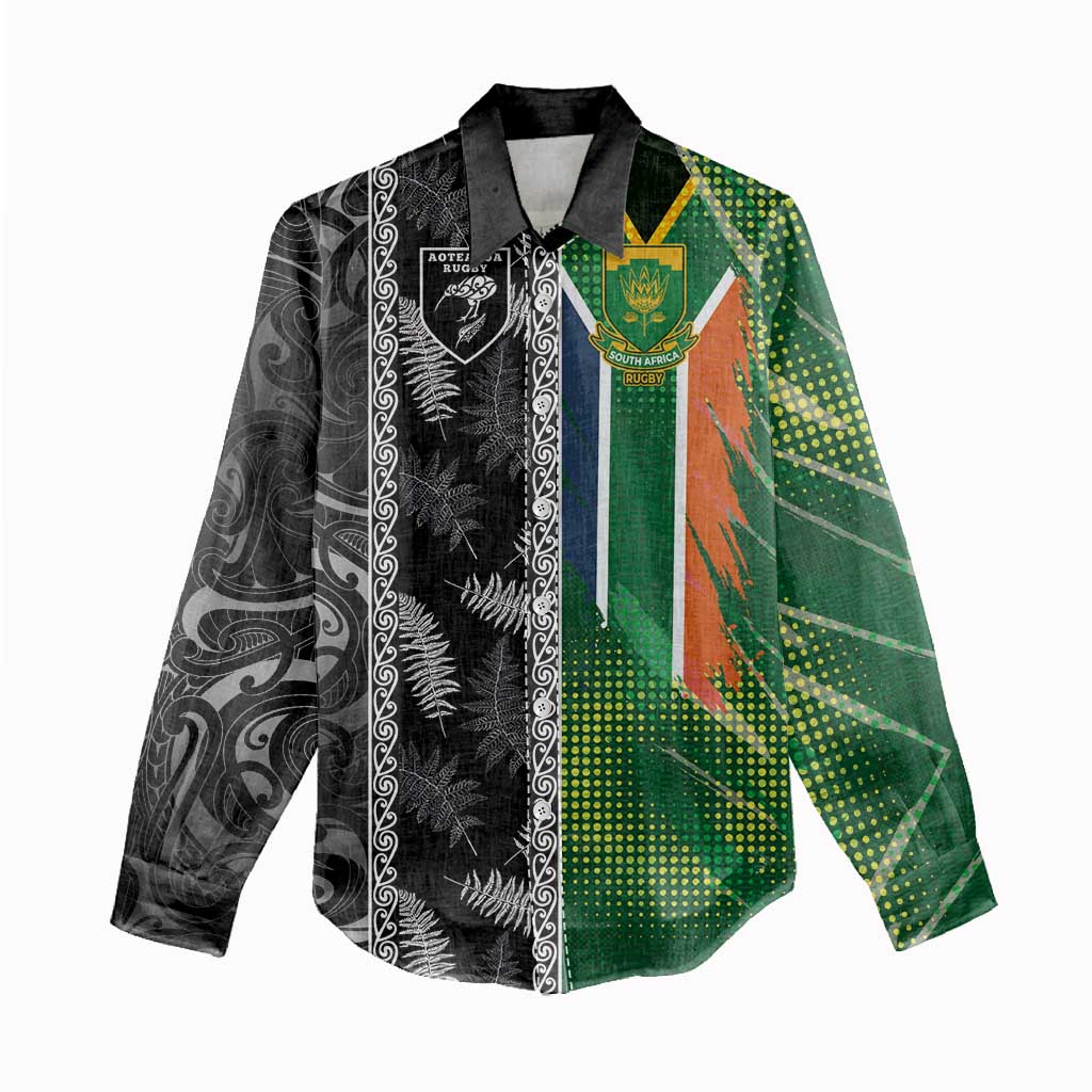Custom Aotearoa South Africa Rugby Freedom Cup Women Casual Shirt Maori Silver Fern Art and Sporty Flag SA - Polynesian Pride