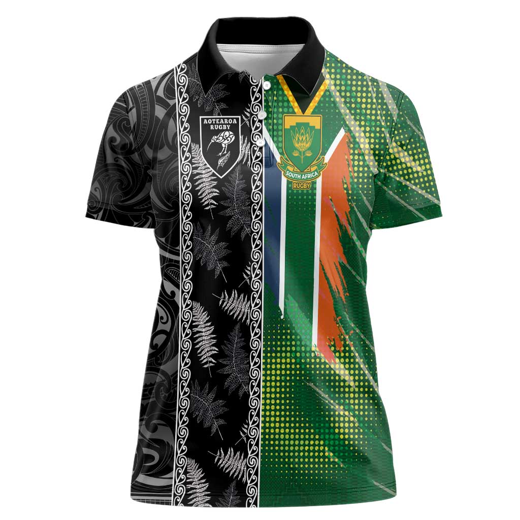 Custom Aotearoa South Africa Rugby Freedom Cup Women Polo Shirt Maori Silver Fern Art and Sporty Flag SA - Polynesian Pride