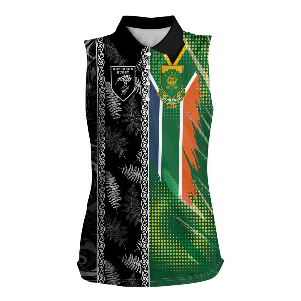 Custom Aotearoa South Africa Rugby Freedom Cup Women Sleeveless Polo Shirt Maori Silver Fern Art and Sporty Flag SA - Polynesian Pride