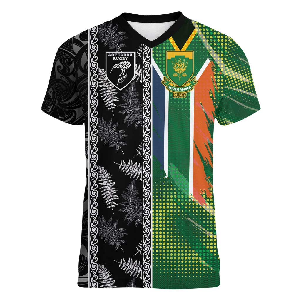 Custom Aotearoa South Africa Rugby Freedom Cup Women V-Neck T-Shirt Maori Silver Fern Art and Sporty Flag SA - Polynesian Pride