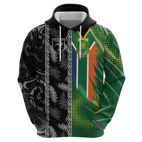 Custom Aotearoa South Africa Rugby Freedom Cup Zip Hoodie Maori Silver Fern Art and Sporty Flag SA - Polynesian Pride