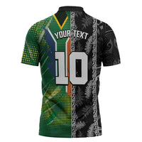 Custom Aotearoa South Africa Rugby Freedom Cup Zipper Polo Shirt Maori Silver Fern Art and Sporty Flag SA - Polynesian Pride