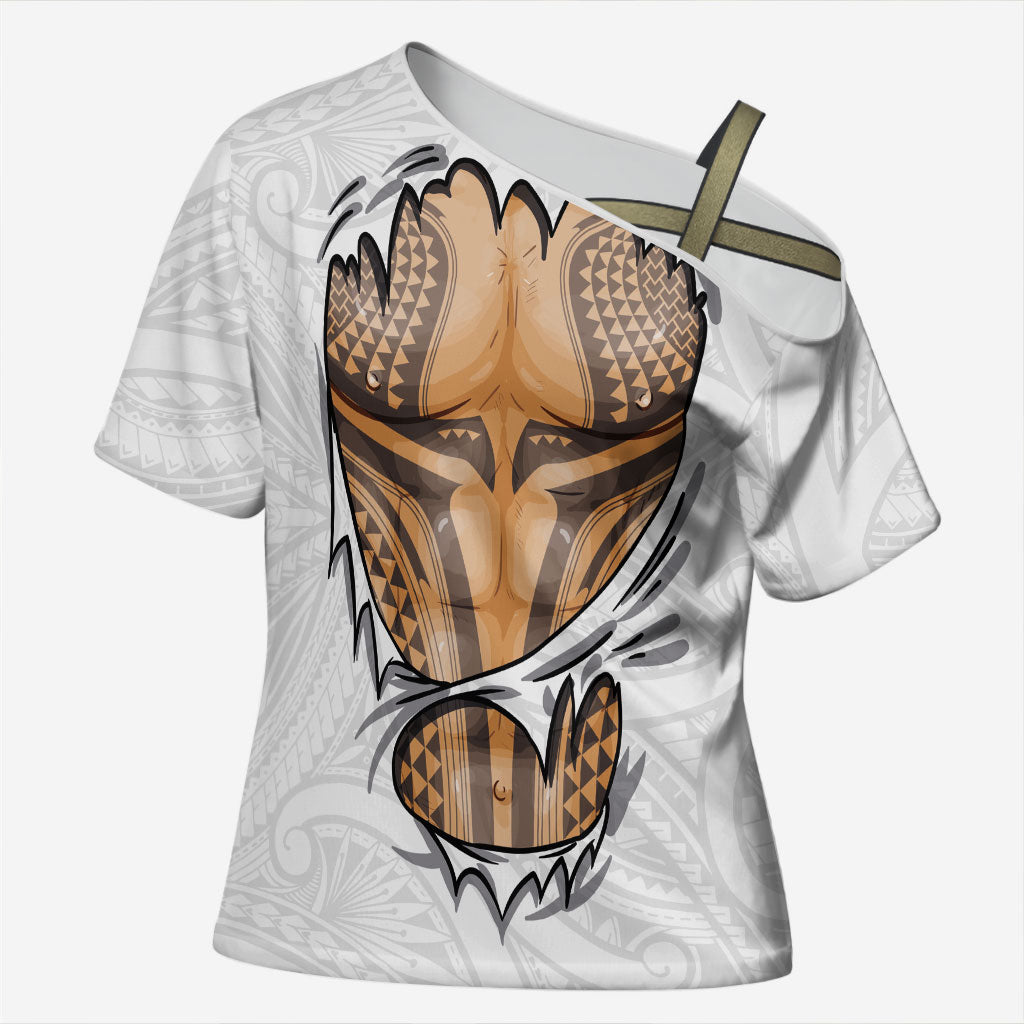 Hawaiian Kakau Cross Shoulder Shirt Aquaman Tattoo Reveal Effect LT03 Female White - Polynesian Pride