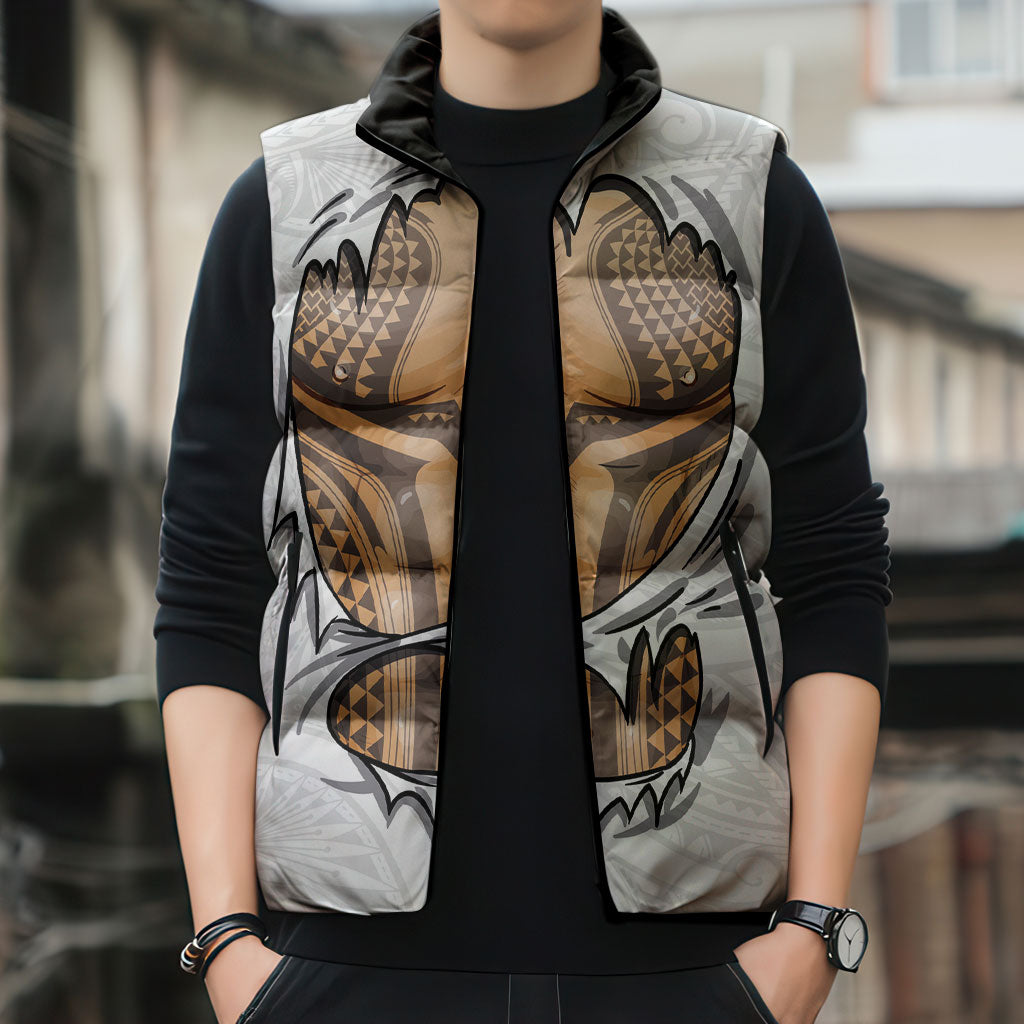 Hawaiian Kakau Sleeveless Puffer Jacket Aquaman Tattoo Reveal Effect