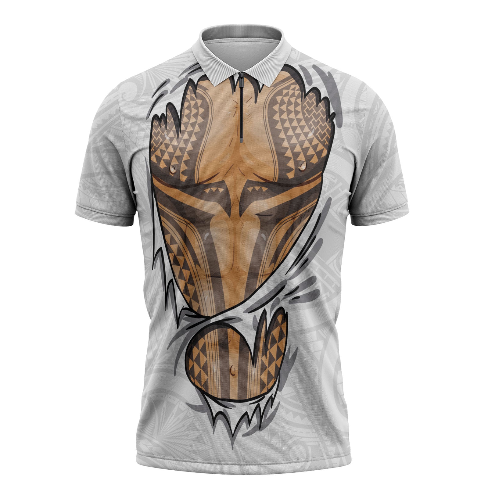 Hawaiian Kakau Zipper Polo Shirt Aquaman Tattoo Reveal Effect LT03 White - Polynesian Pride