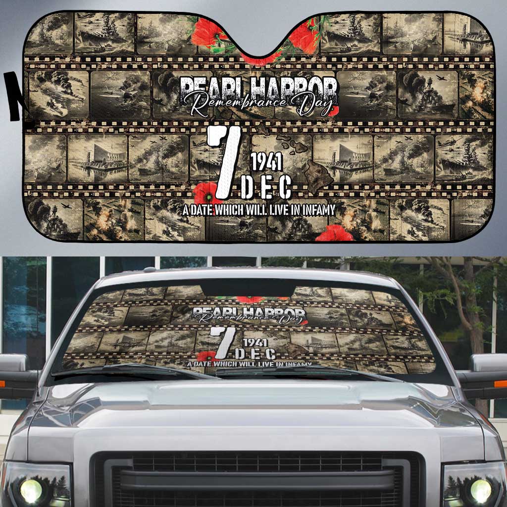 Pearl Harbor Remembrance Day Auto Sun Shade Memories of December 7 with Red Poppy Lei - Polynesian Pride