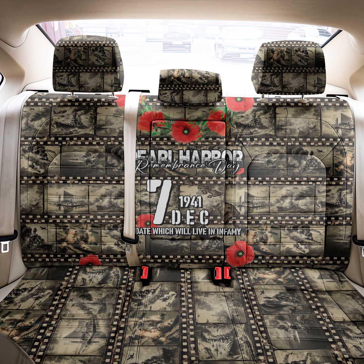 Pearl Harbor Remembrance Day Back Car Seat Cover Memories of December 7 with Red Poppy Lei - Polynesian Pride