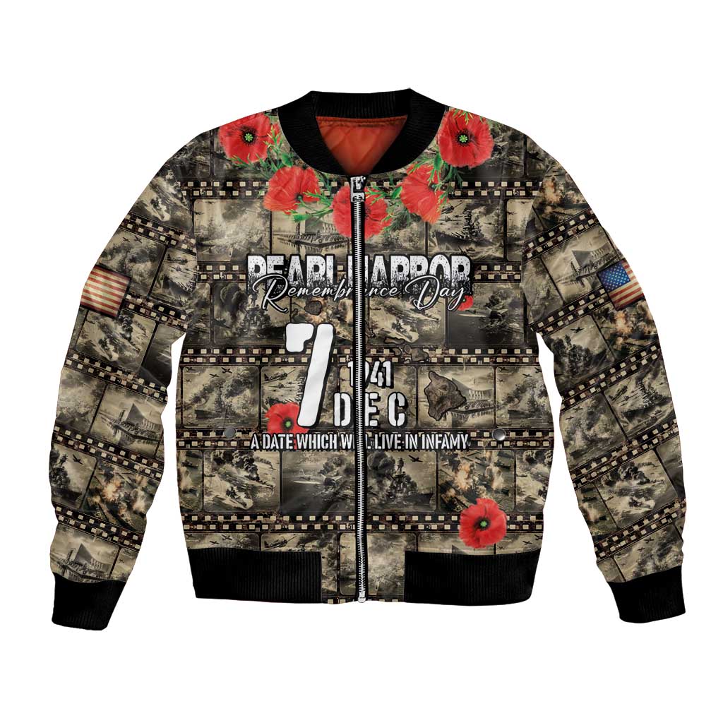 Pearl Harbor Remembrance Day Personalized Bomber Jacket Memories of December 7 with Red Poppy Lei - Polynesian Pride