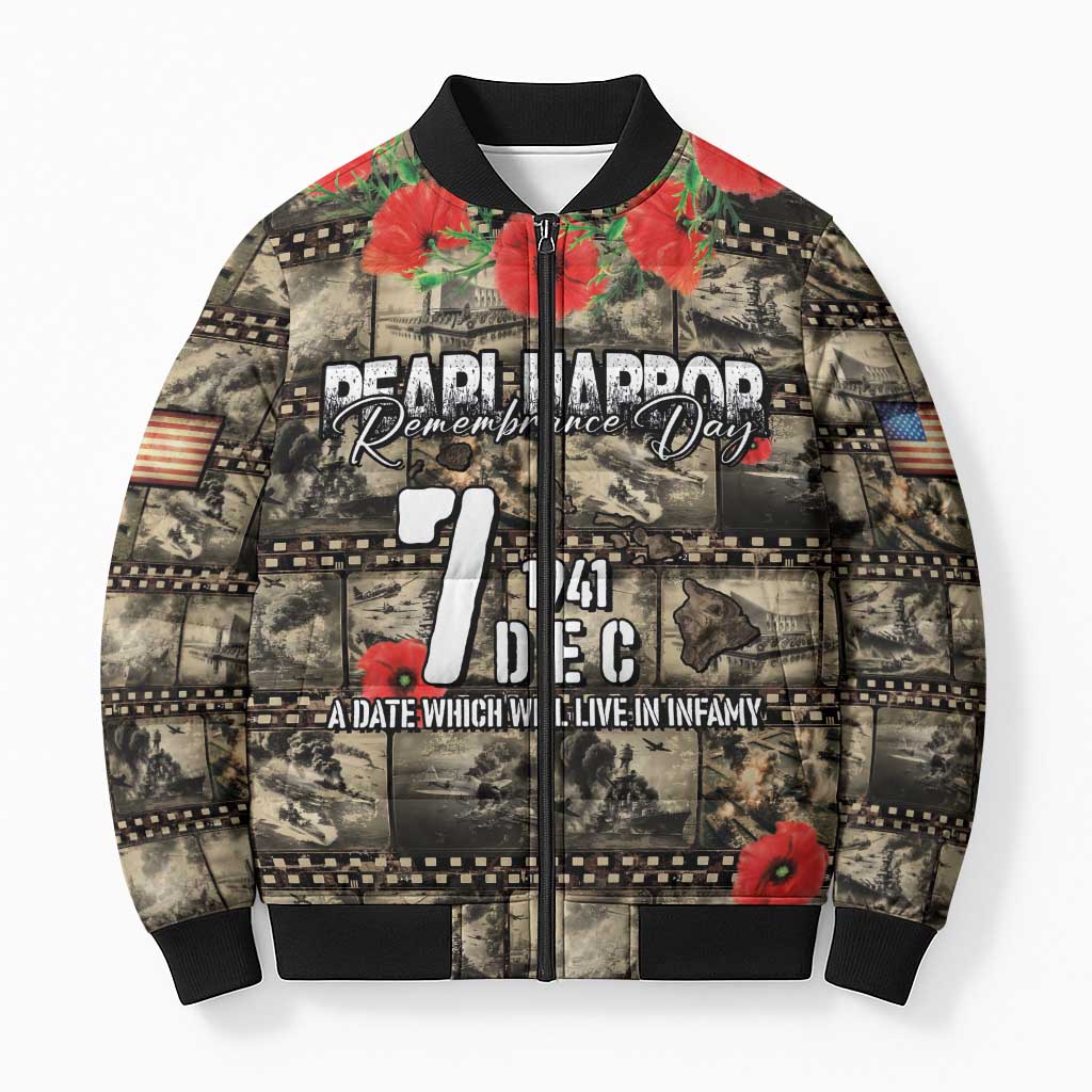Pearl Harbor Remembrance Day Personalized Bomber Puffer Jacket Memories of December 7 with Red Poppy Lei LT03 Unisex Beige - Polynesian Pride