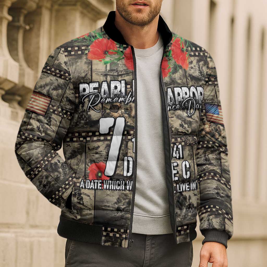 Pearl Harbor Remembrance Day Personalized Bomber Puffer Jacket Memories of December 7 with Red Poppy Lei LT03 - Polynesian Pride