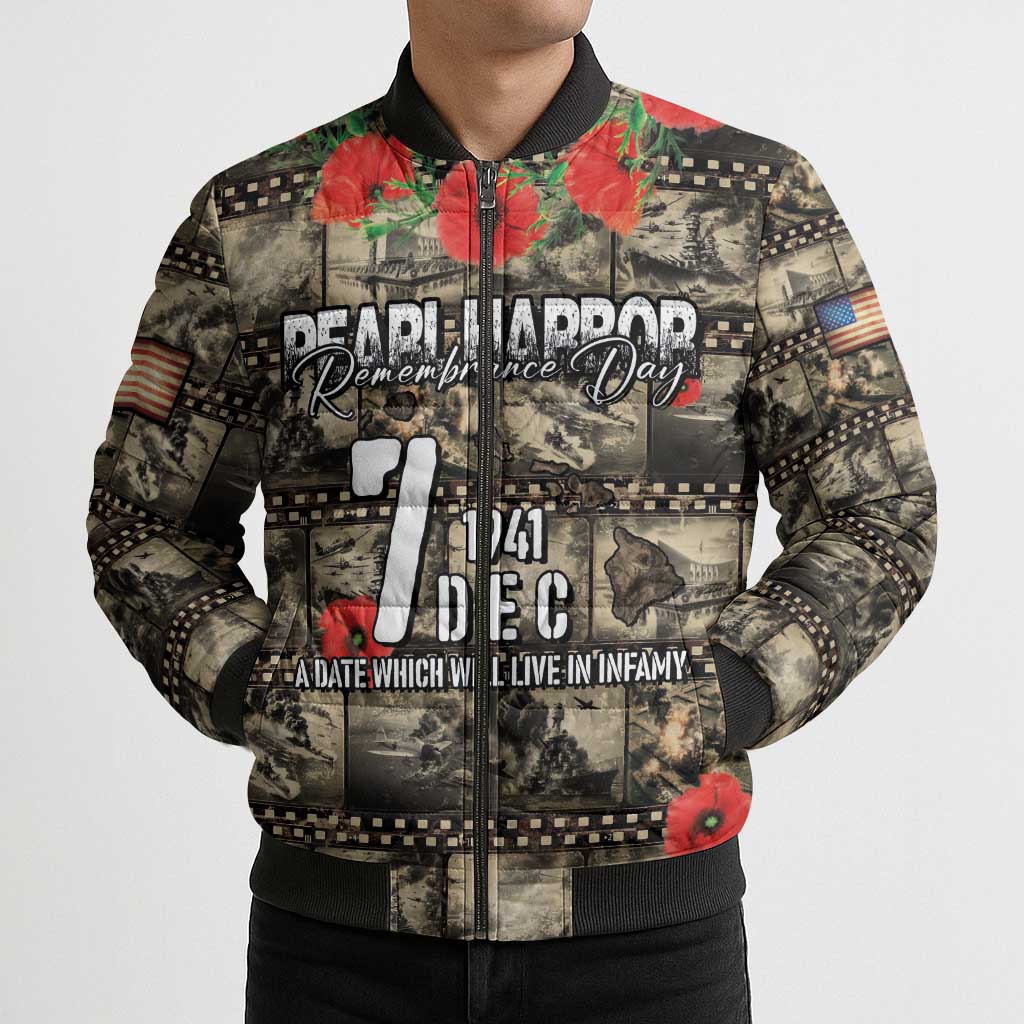 Pearl Harbor Remembrance Day Personalized Bomber Puffer Jacket Memories of December 7 with Red Poppy Lei LT03 - Polynesian Pride