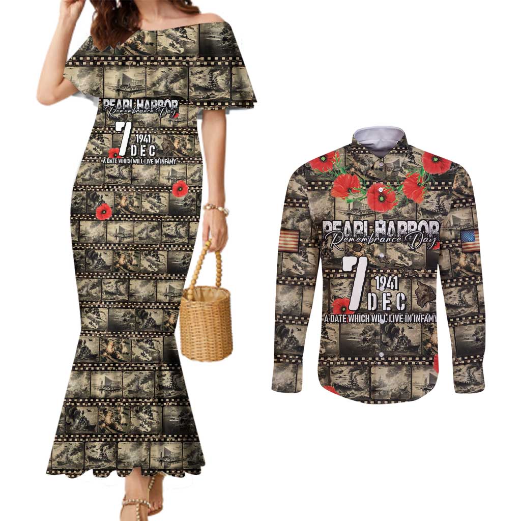 Pearl Harbor Remembrance Day Personalized Couples Matching Mermaid Dress and Long Sleeve Button Shirt Memories of December 7 with Red Poppy Lei - Polynesian Pride