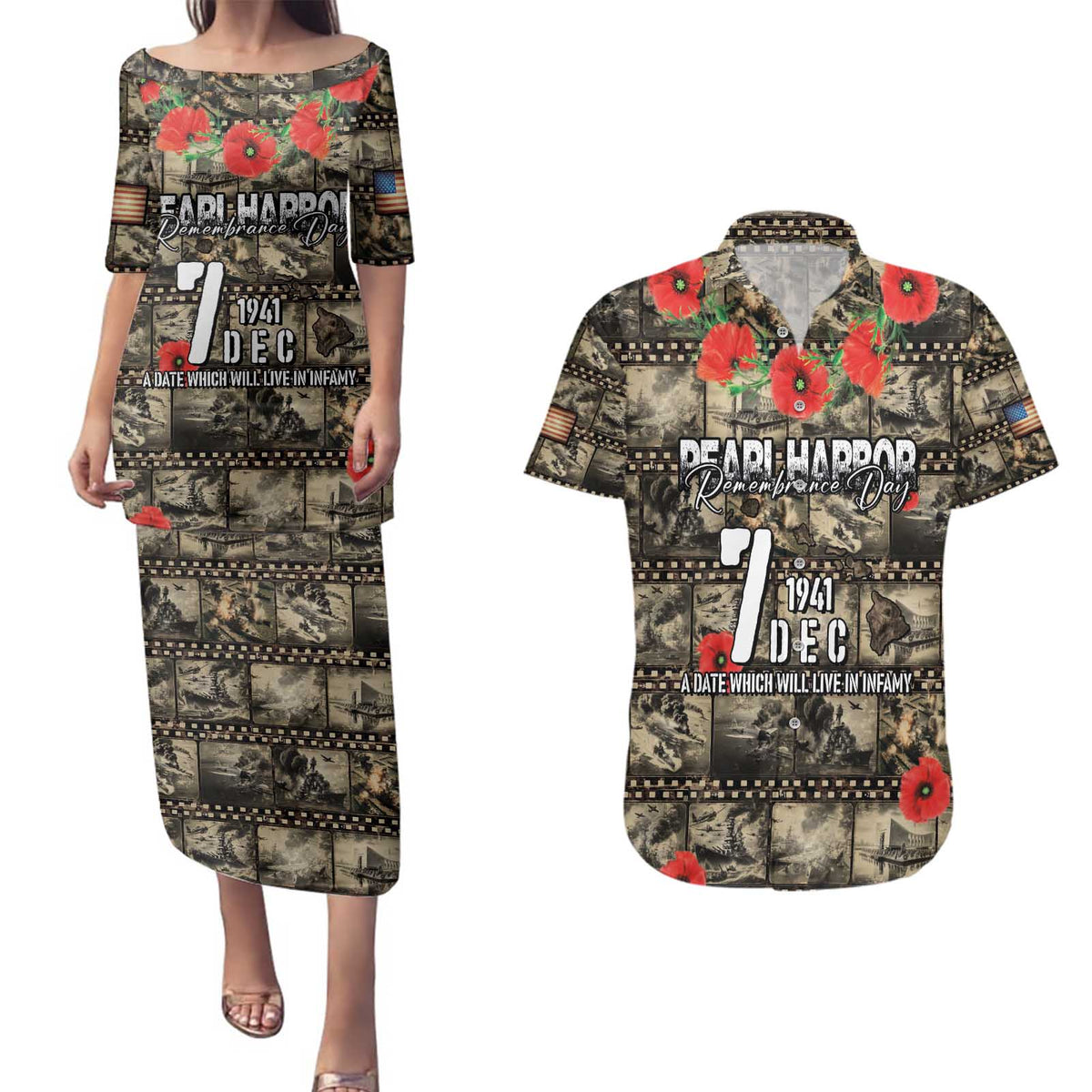 Pearl Harbor Remembrance Day Personalized Couples Matching Puletasi and Hawaiian Shirt Memories of December 7 with Red Poppy Lei - Polynesian Pride