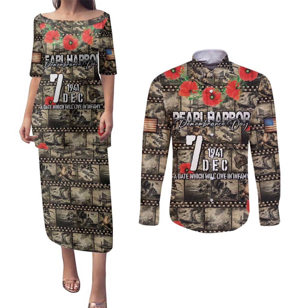 Pearl Harbor Remembrance Day Personalized Couples Matching Puletasi and Long Sleeve Button Shirt Memories of December 7 with Red Poppy Lei - Polynesian Pride